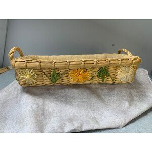Vintage Handwoven Rattan Storage Basket With Floral Embellishments Handles 11x7